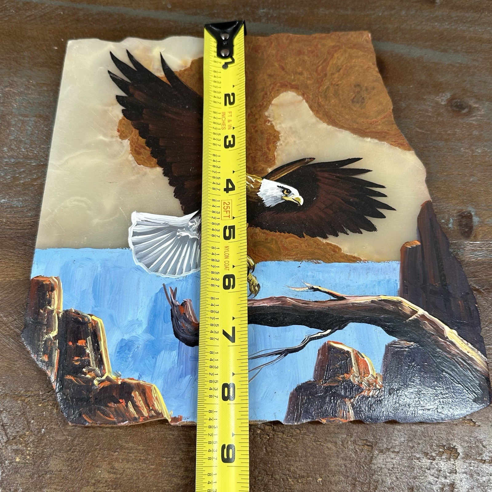 Flying Eagle Landing On Perch Painting On Stone Slab Native American Art Mexico