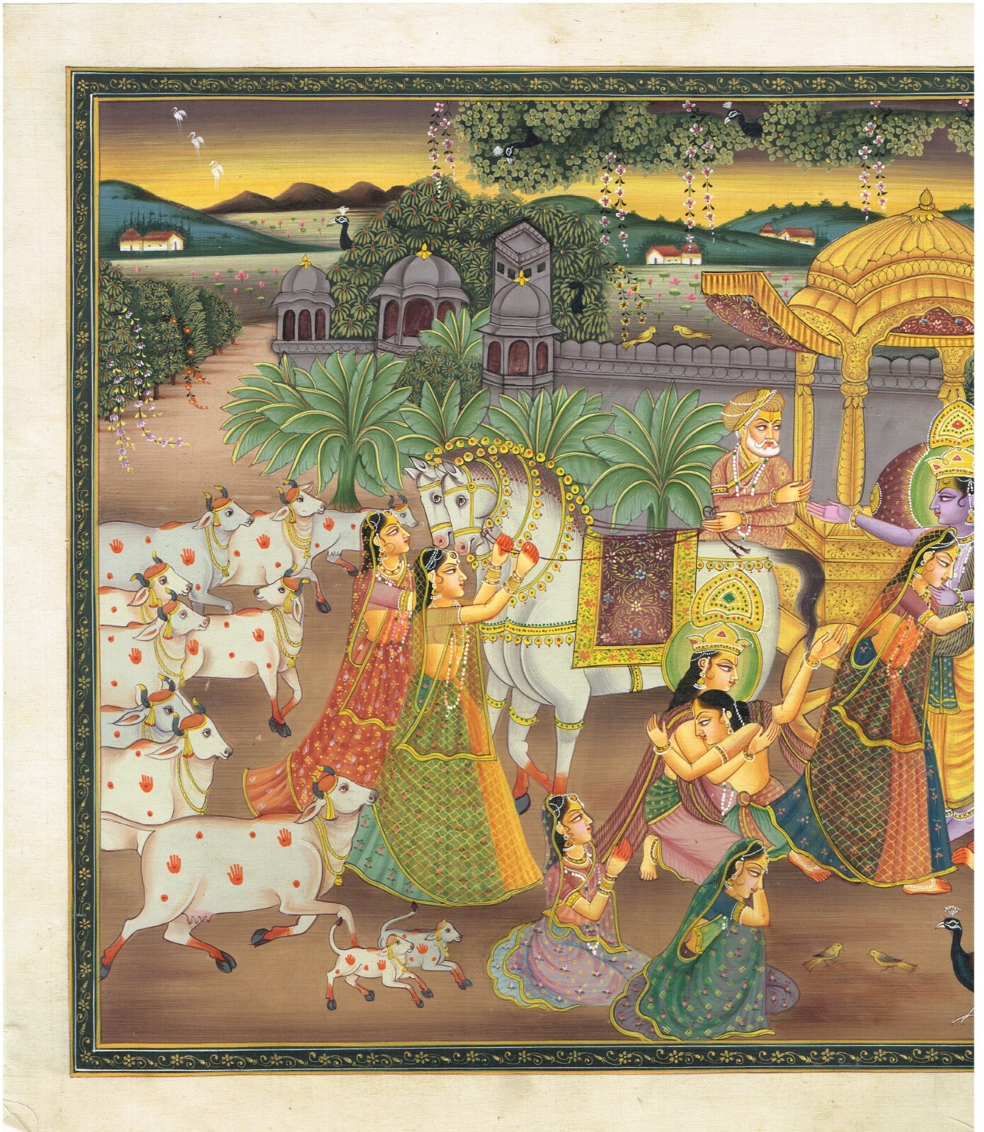 Radha Krishna Painting Of Krishna Left Vrindavan On Silk Cloth 17.5×13.5 Inches