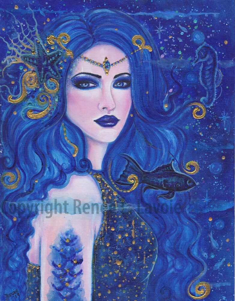 Mermaid «Sapphire» shades of blue Original 11×14 acrylic painting RENEE LAVOIE