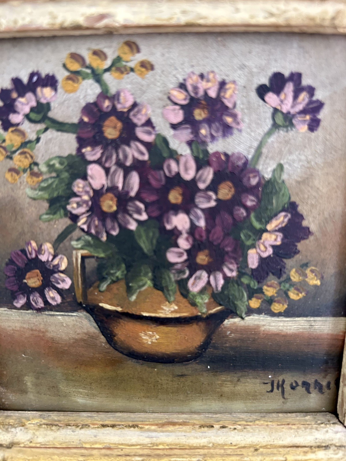 Vintage Small Original Floral Still Life Oil Painting in Hand-made Wooden Frame