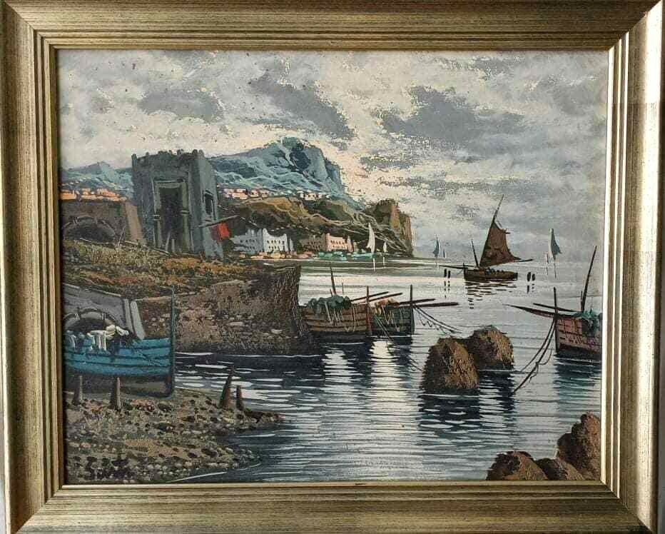 Signed Sarti Oil on Canvas View of a Harbor, 20″ x 23″.