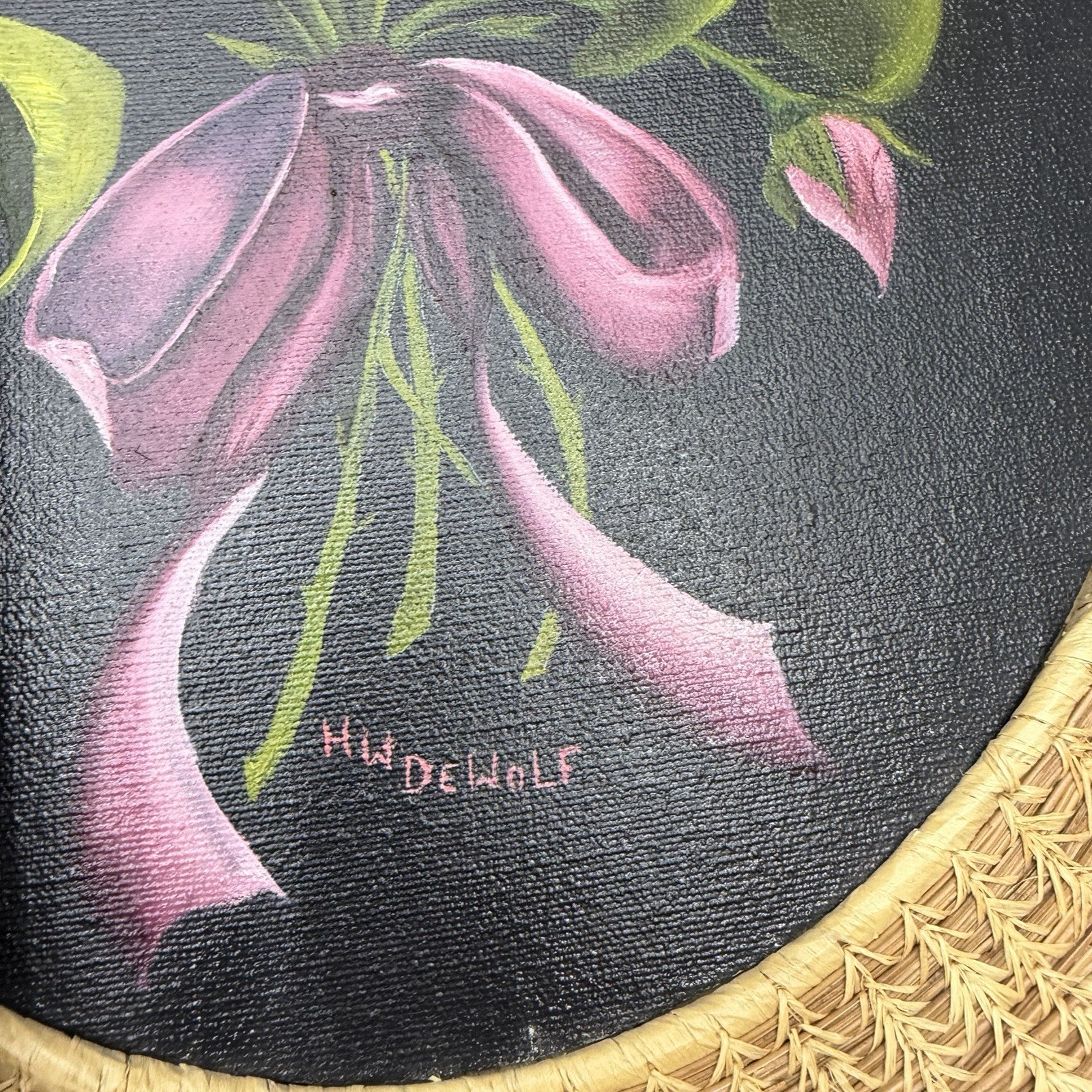 Floral Painting Wicker Frame Cottagecore Shabby Chic Rose Wall Art Oval VTG