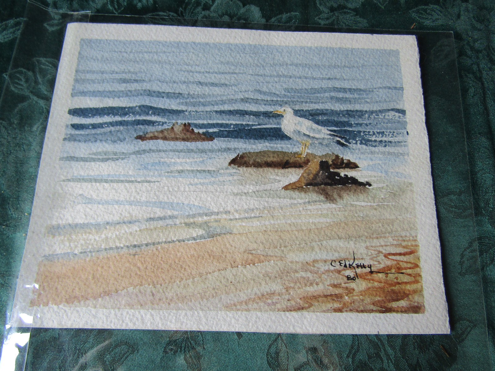 Unframed C Ed Kelly Watercolor, Seagull on Rock, 8 1/2″ x 6 7/8″