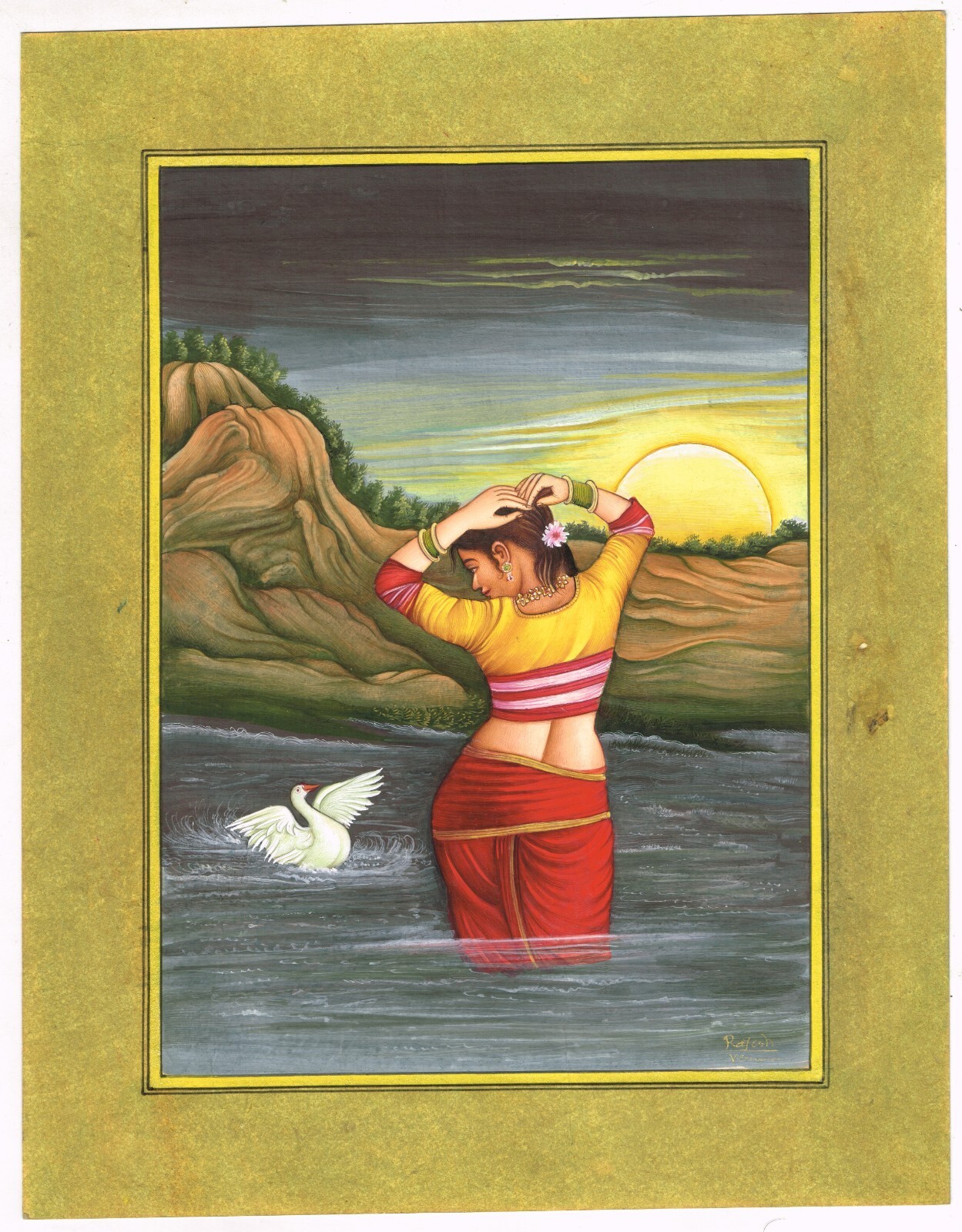 A Women With Bird In River | Indian Woman Painting On Paper 10.5×13.5 Inches