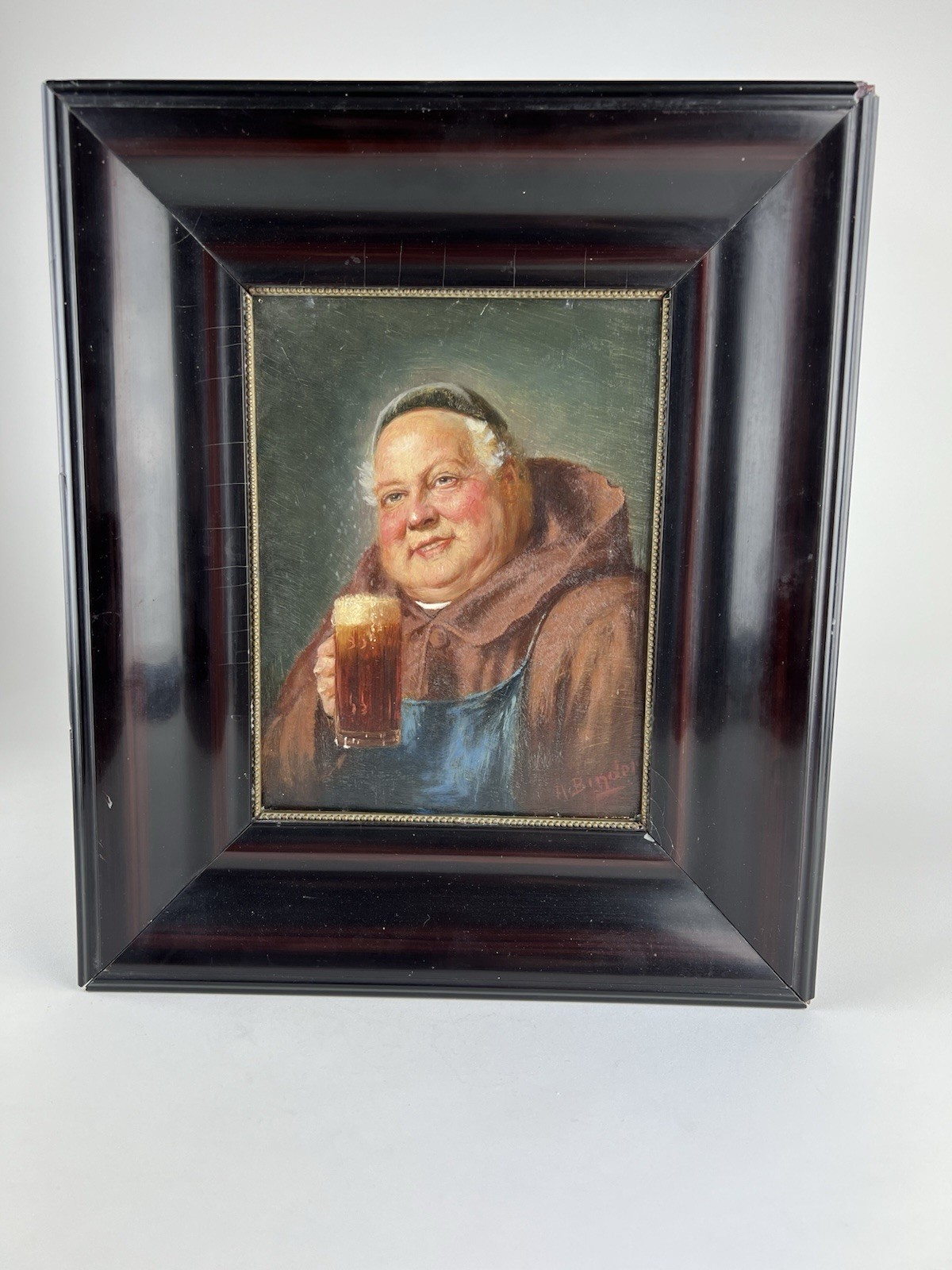 Circa 1895 Alois Binder(1857-1933) Monk Drinking Beer Oil on Panel Framed