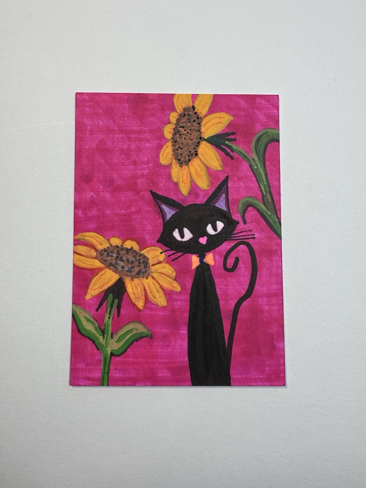 ACEO Original Hand-Painted Abstract Cat with Sunflowers 2.5 x 3.5 Inches ATC
