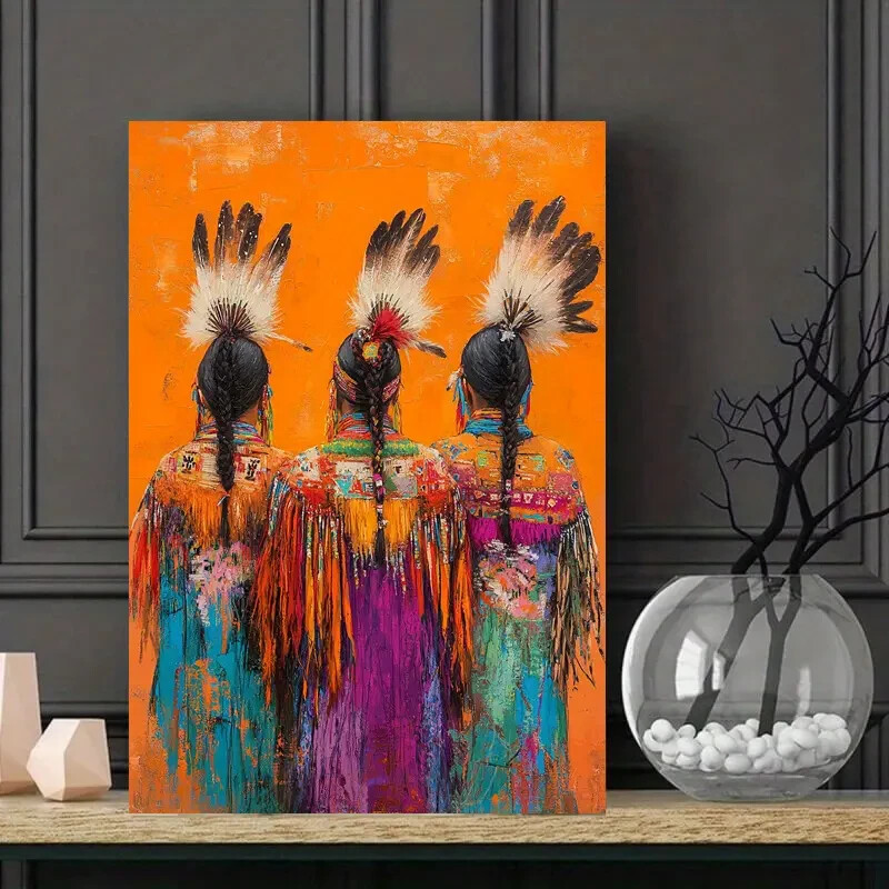, 1pc Wooden Framed Canvas Painting 4 Native American Women in Col MEM395038