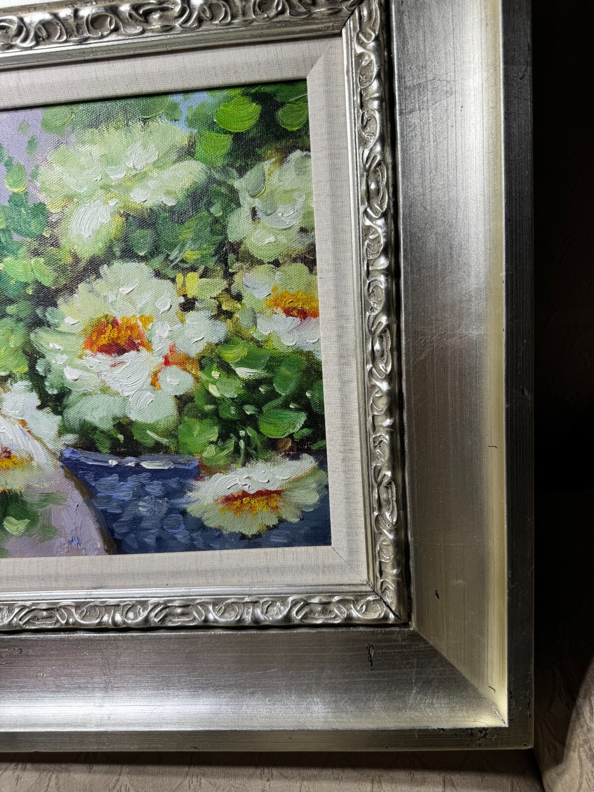 «Flowers In Blue Basket Scene» Oil On Canvas Painting – Signed And Framed