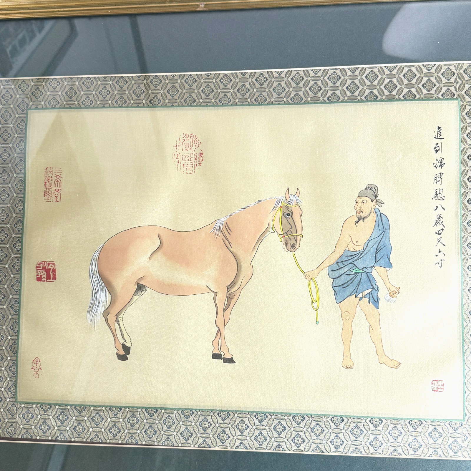 Vintage Asian Chinese horse & man seals silk painting framed 27″ x 21″ overall