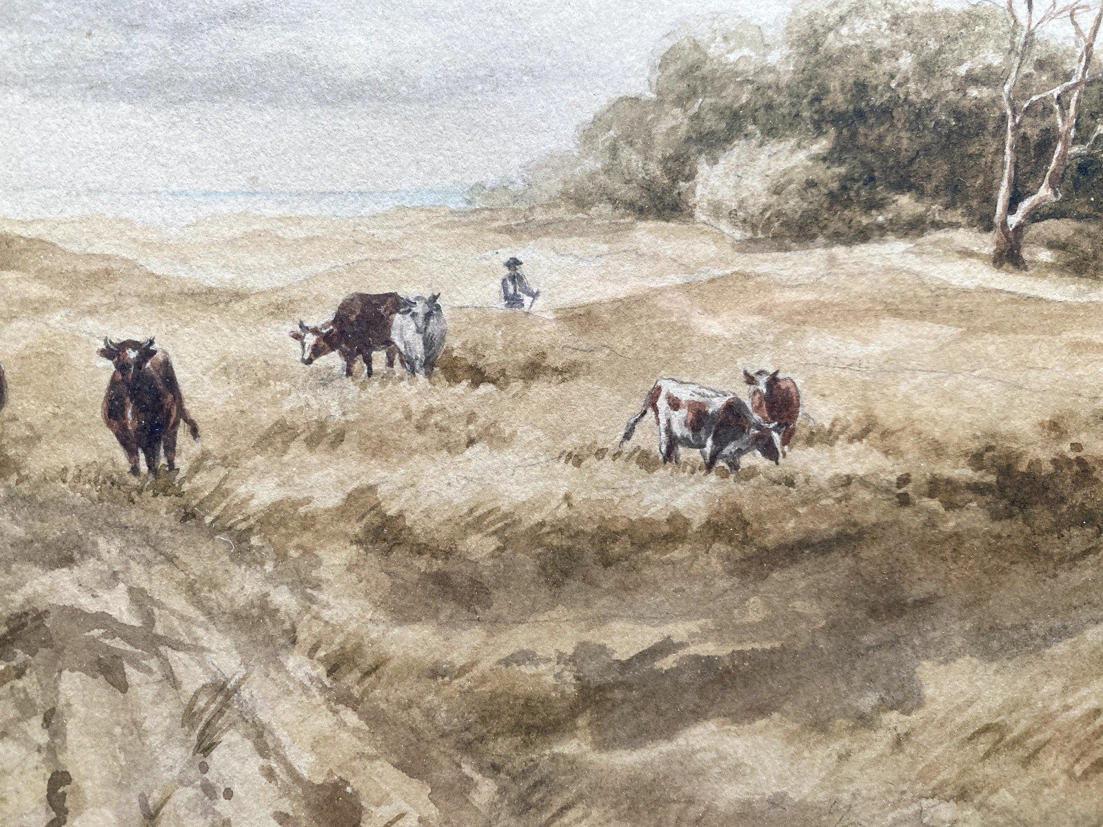 ::WATERCOLOUR °H. PIPE COWS ON PASTURE SEA ° BÜRGENSTOCK HOTEL STICKER VERSO ANTIQUE