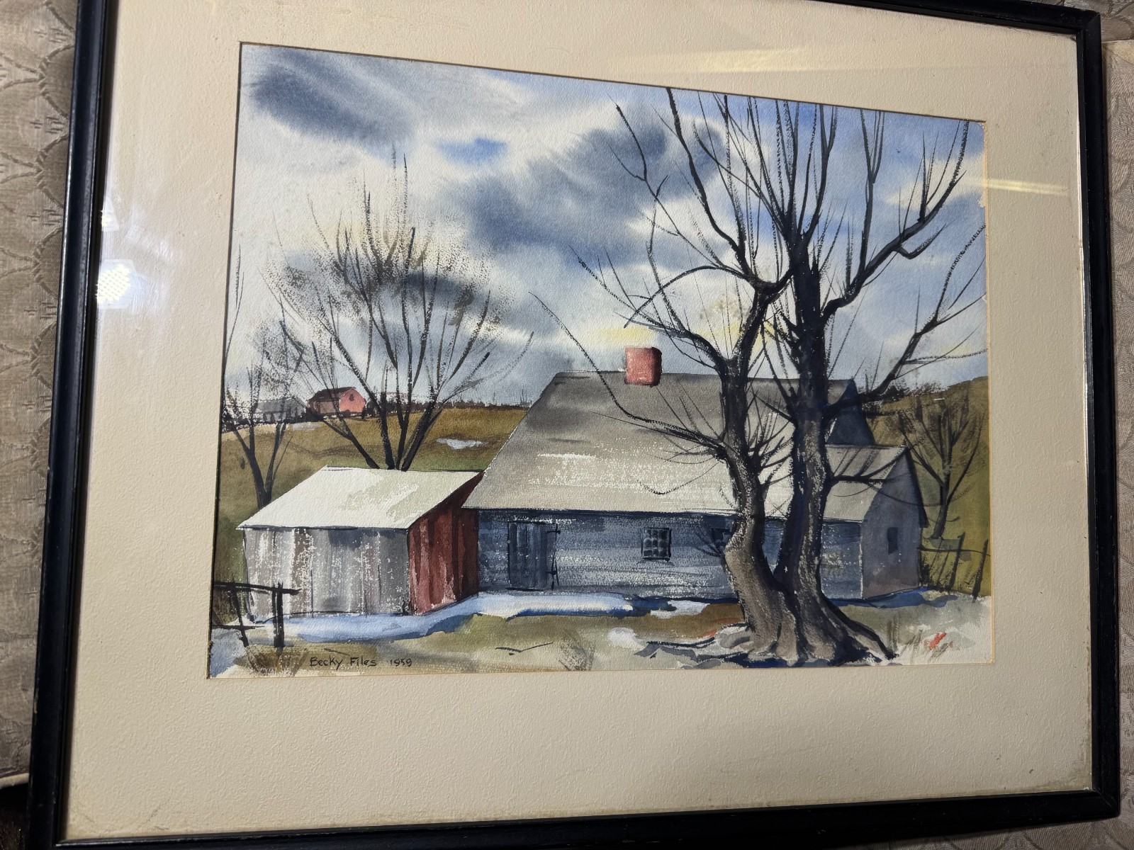 Becky Files 1959 «Farm Landscape Scene» Watercolor Painting – Signed And Framed
