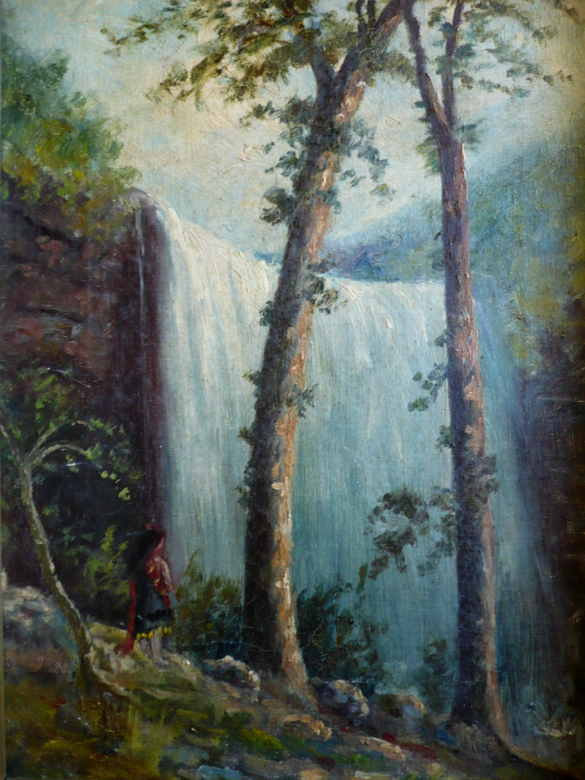 MINA BOEHM METZGER, NEW YORK IMPRESSIONIST OLD ANTIQUE, FOREST NATURE WATERFALL