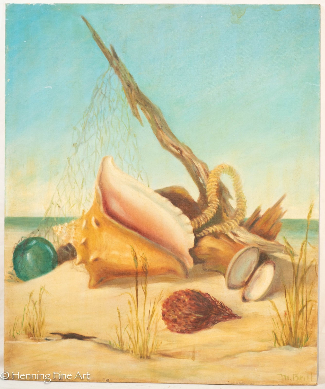 Vintage Still Life Painting Beach Landscape and Shells Fish Float M. Brill 24×20