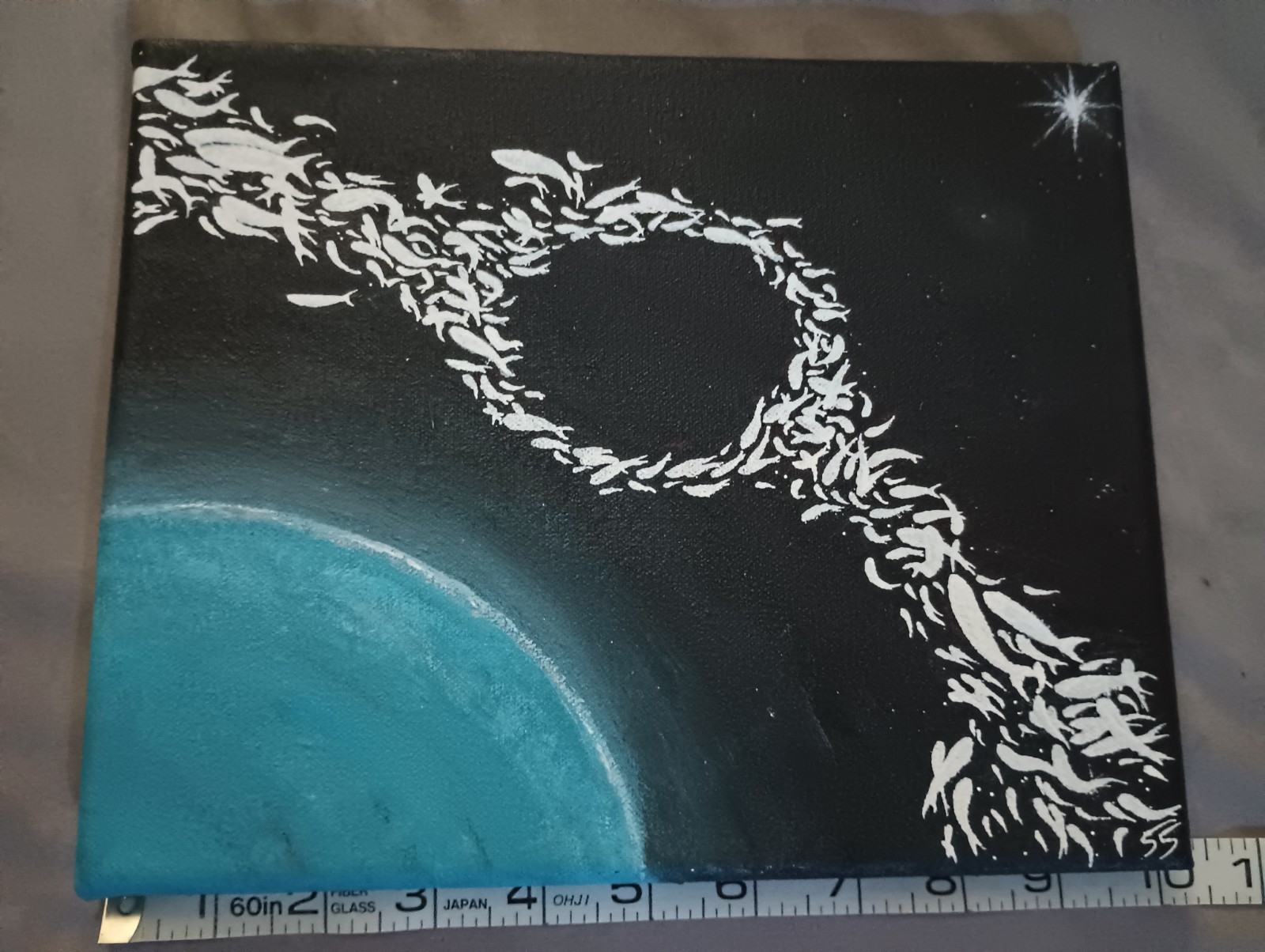 Abstract Outer Space Fish Acrylic Painting on Canvas, Original Signed OOAK