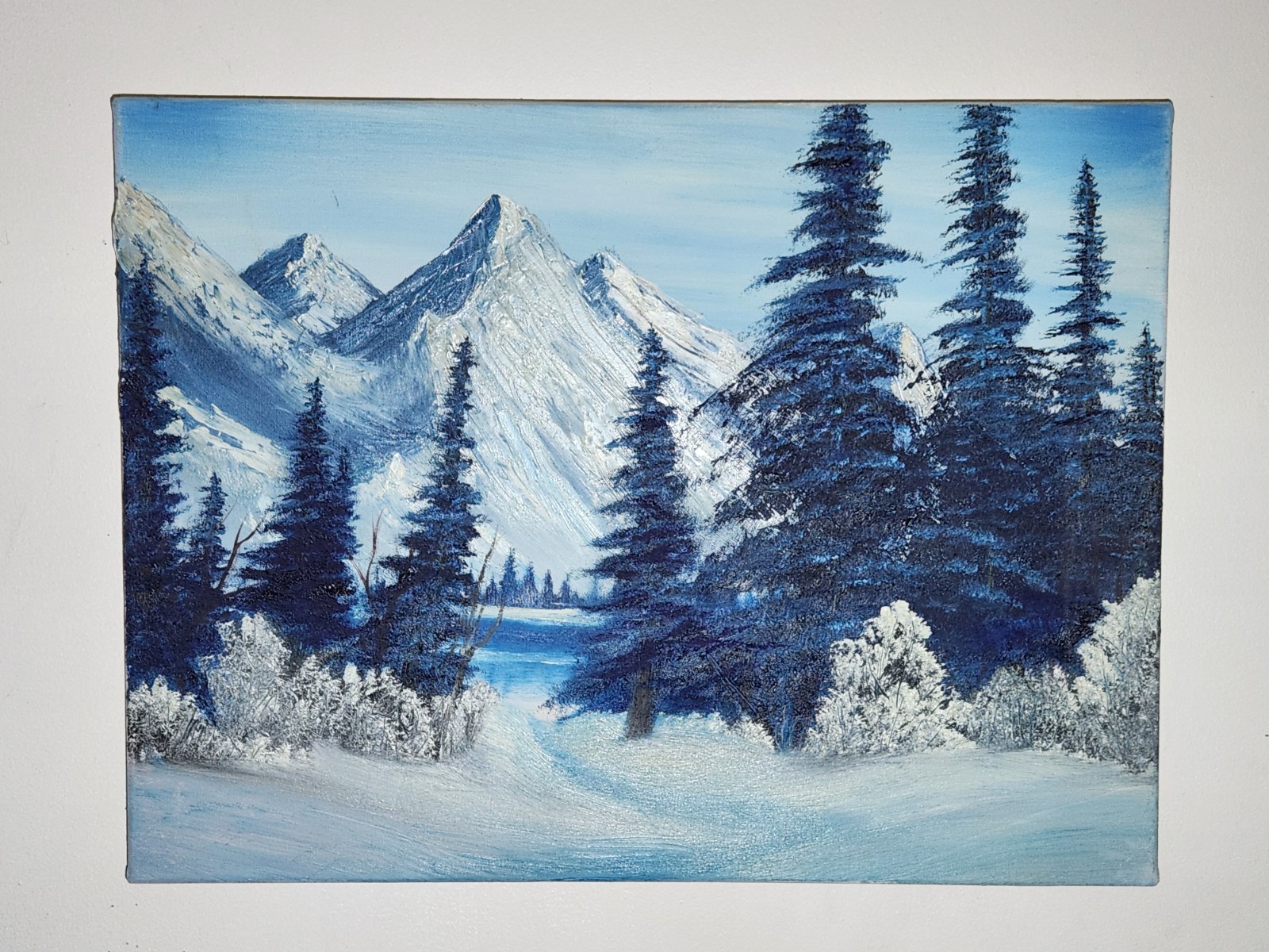 Bob Ross Style Original Landscape Oil Painting Winter Mountain 18 X 24