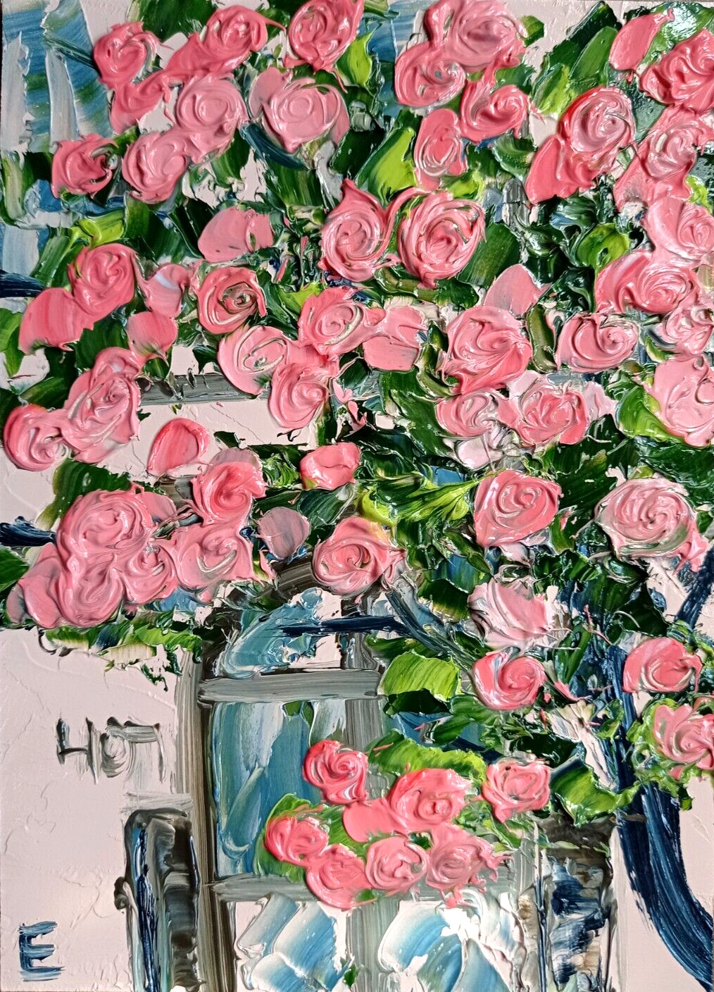Original Oil Painting Rose bush Tree Nature Flowers Landscape Art 7 x 5″