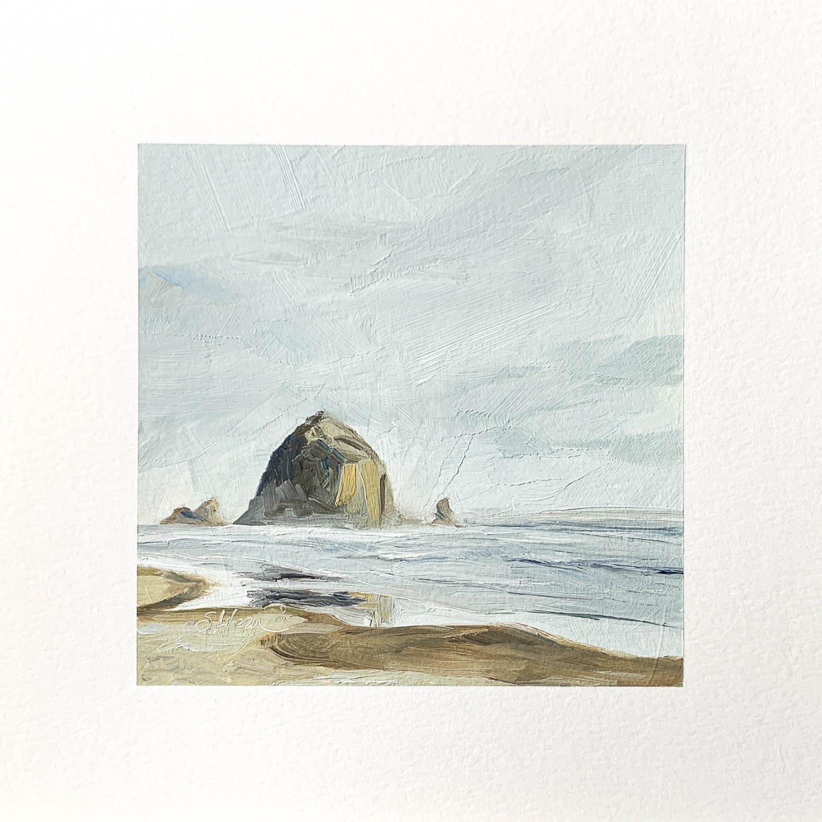 8×8 PNW Original Oil Painting Oregon Cannon Beach Seascape Coastal Calm Signed