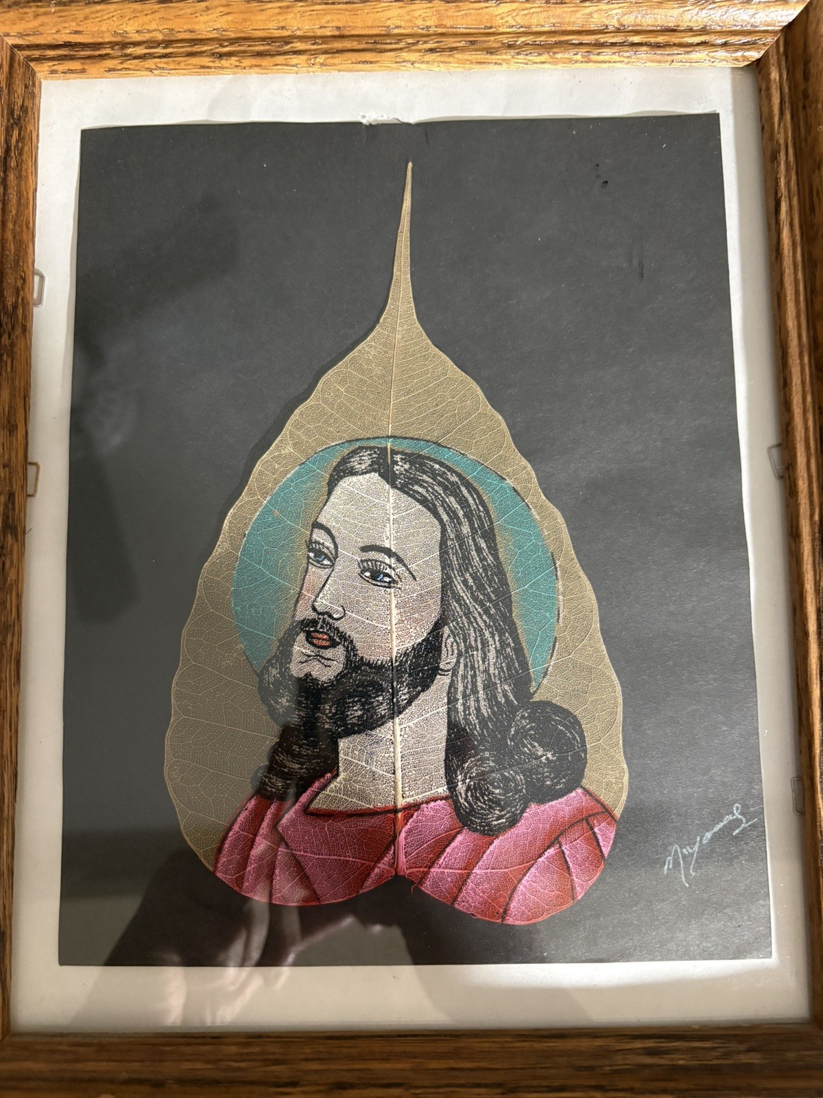 Hand Painted Artist Signed Jesus Christ On Skeleton Pipal Tree Leaf 7.5×4.25”