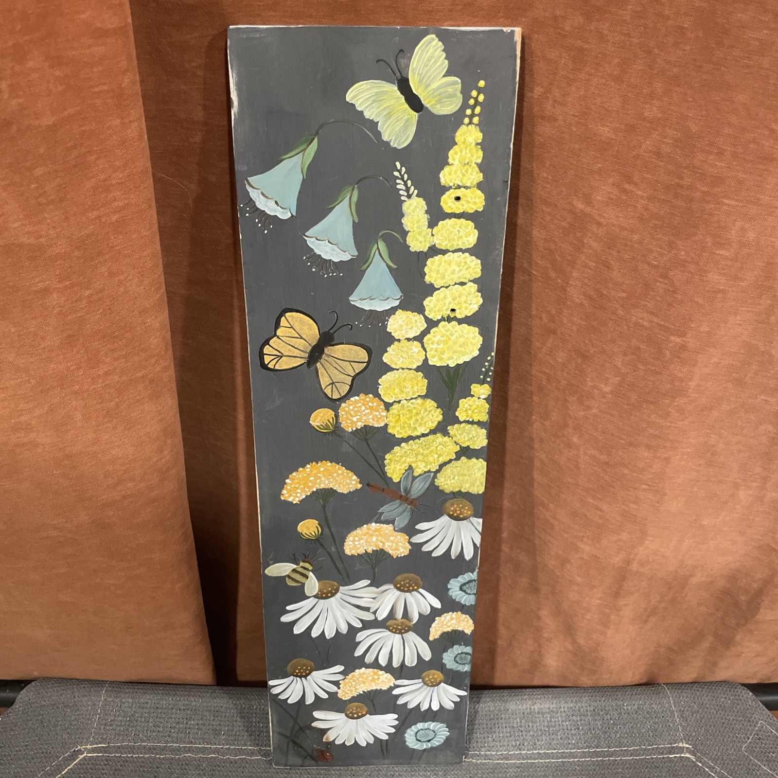 Vintage Hand Painted Butterflies Daisies Flowers on Wood Wall Plaque 25”