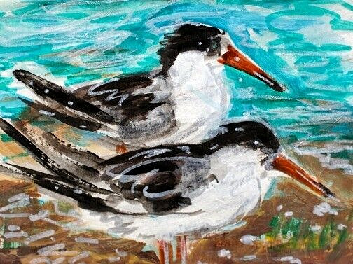 ORIGINAL ACEO Painting TERN Beach Waves OCEAN Gull BIRD Summer Shore Sea ATC ART