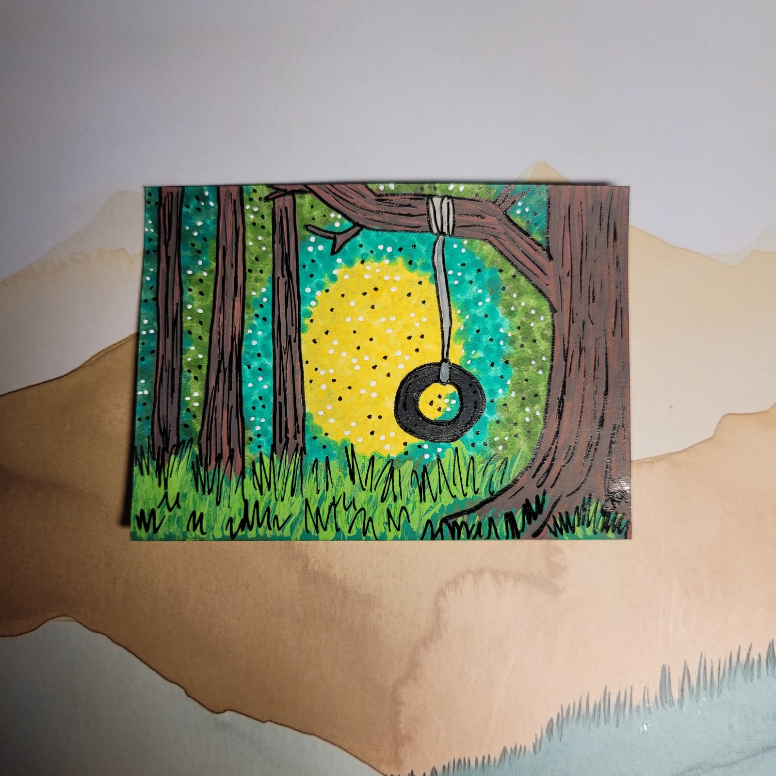 Original ACEO, Tire Swing in the Forest, Acrylic Marker, Signed