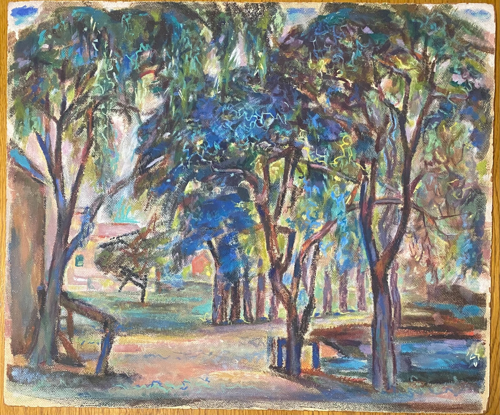 Colorful Original Modernist / Impressionist Artist Oil on Board W/ House & Pond