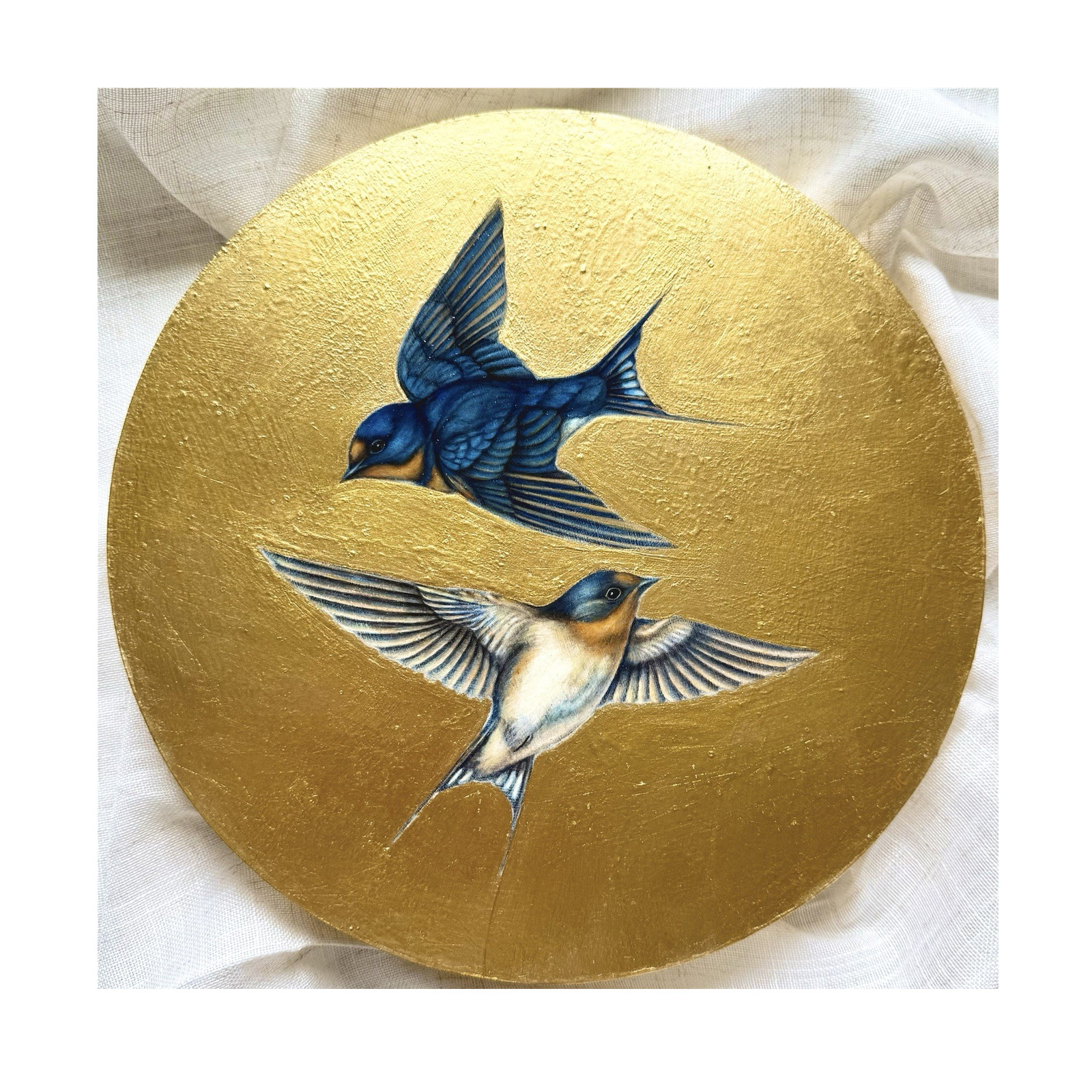Barn Swallows Original Oil Bird Painting on wood Gold Leaf Signed OOAK 2025