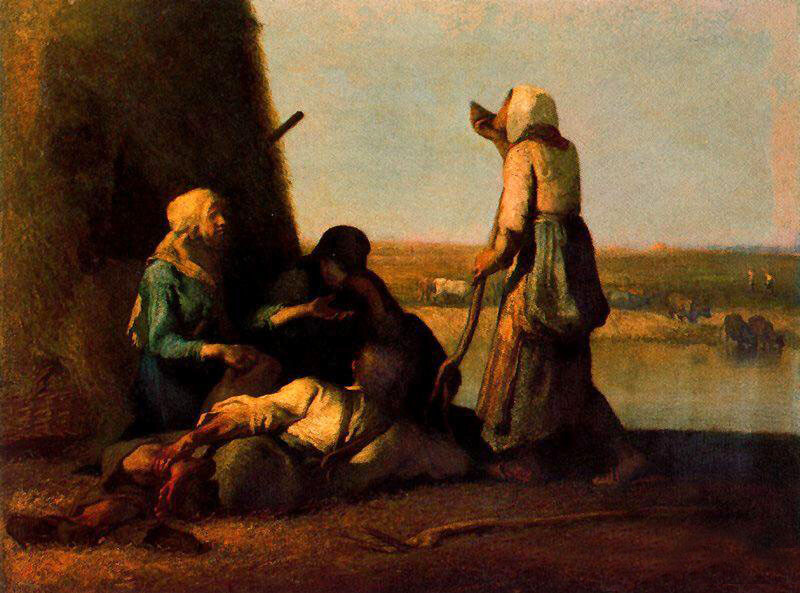Oil painting Jean-Francois Millet – The rest of the farmers at sunset landscape