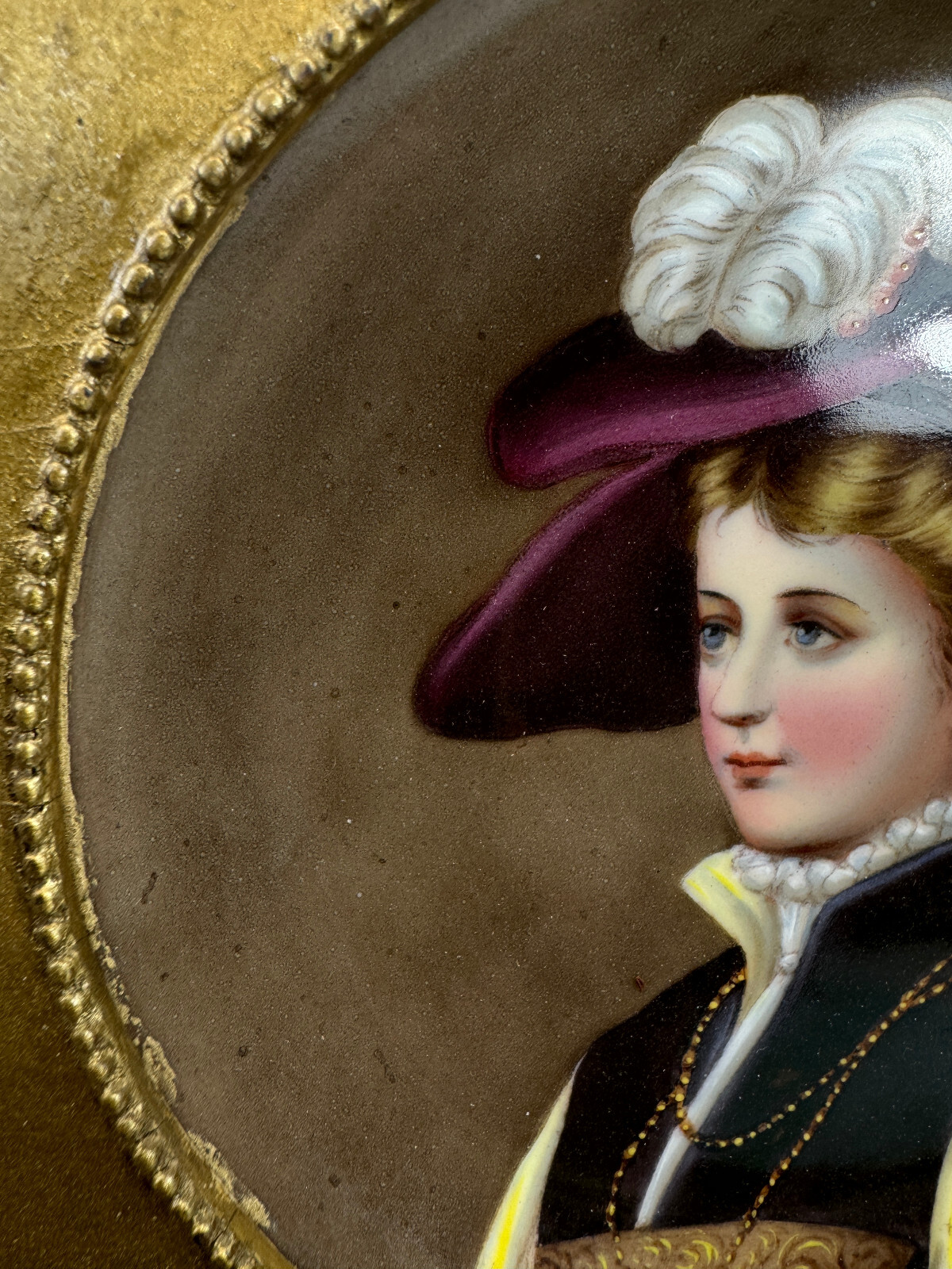 Hand Painted Porcelain Portrait Plaque in Ornate Gold Wood Frame