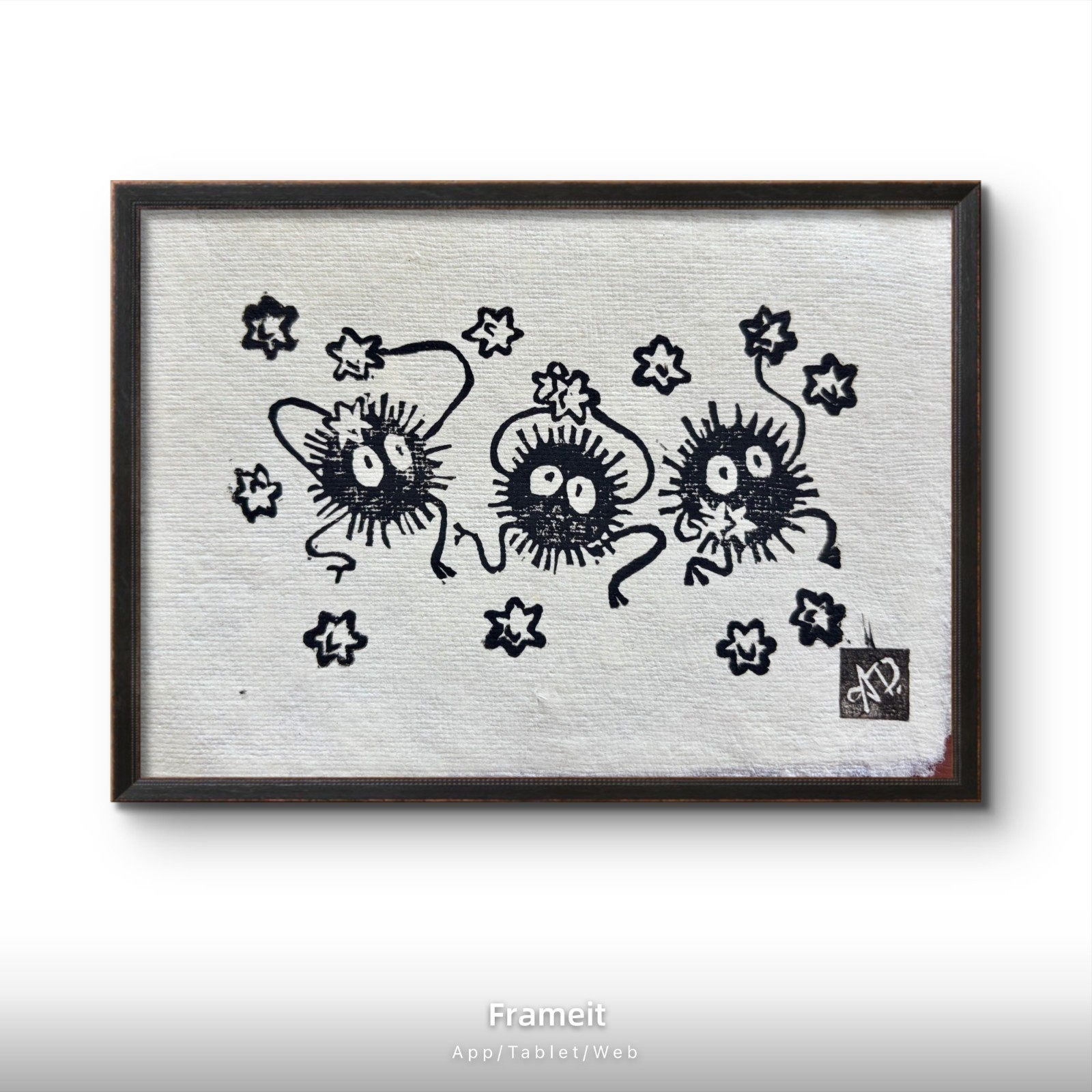 Original Soot Sprites 1 Linocut Hand Printed by Dyer- Mini Art 4×6 in. Ghibli