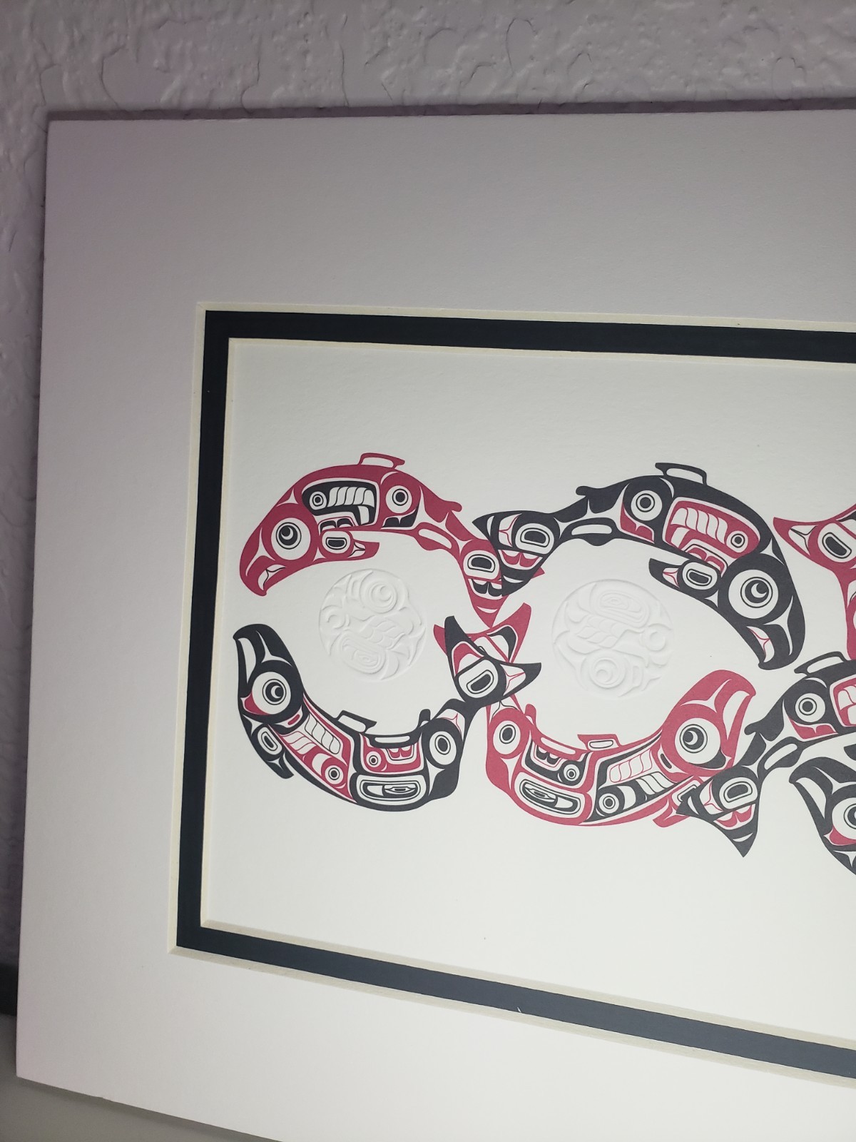 Marvin Oliver Embossed Print w/ Mat «Spawning Salmon» Native American Red 10″x8″