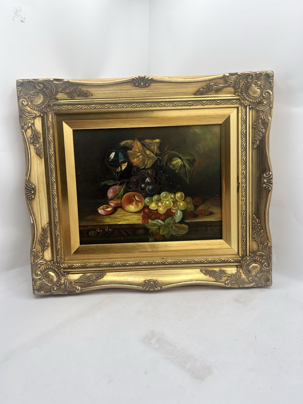 Vintage Signed Van Hunt Still Life Oil Painting Fruit Grapes Wine Glass Framed