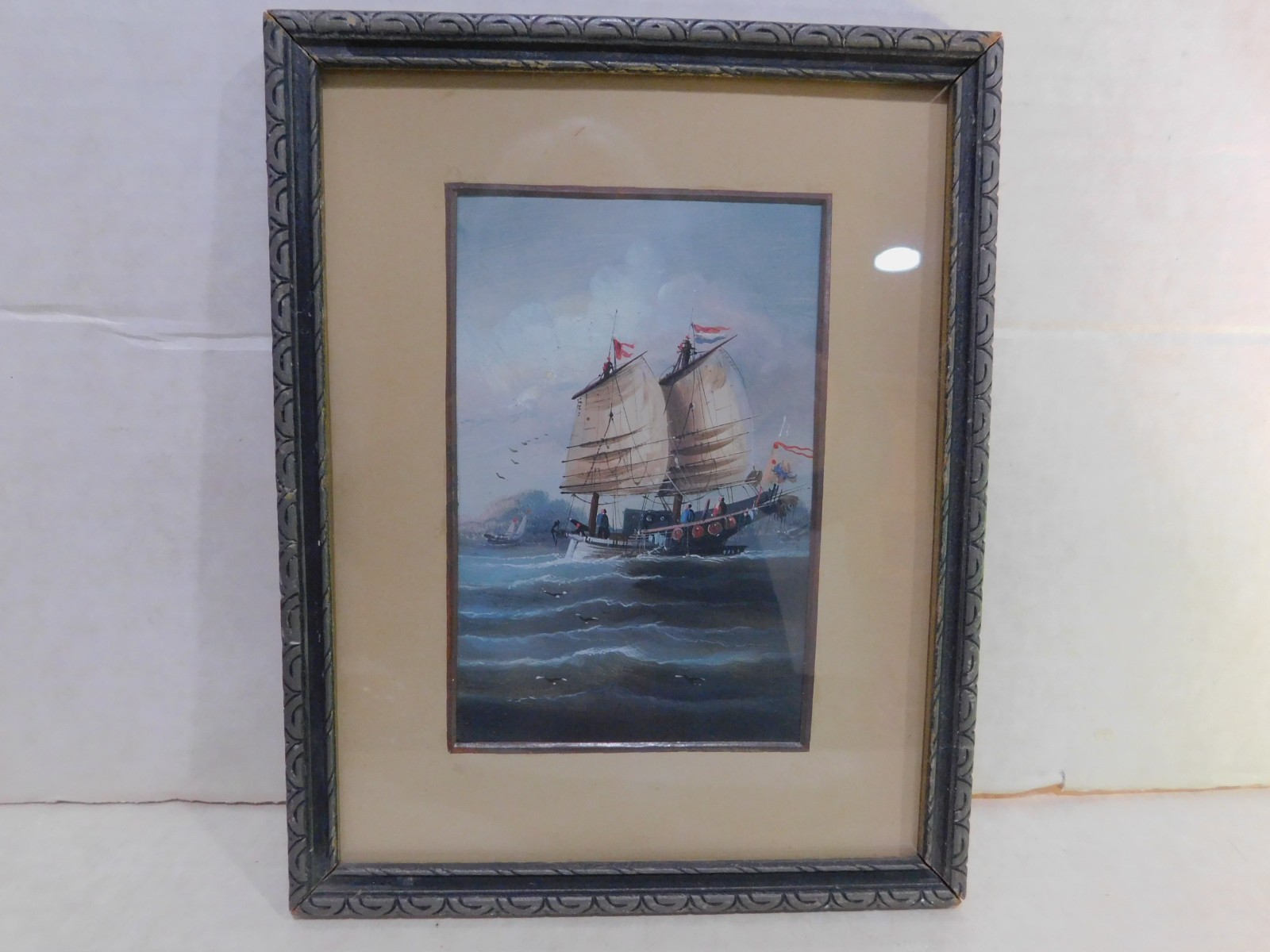 Original Antique Oil Chinese Junk Warlord ship painting, small 6 1/2 x 4 1/4