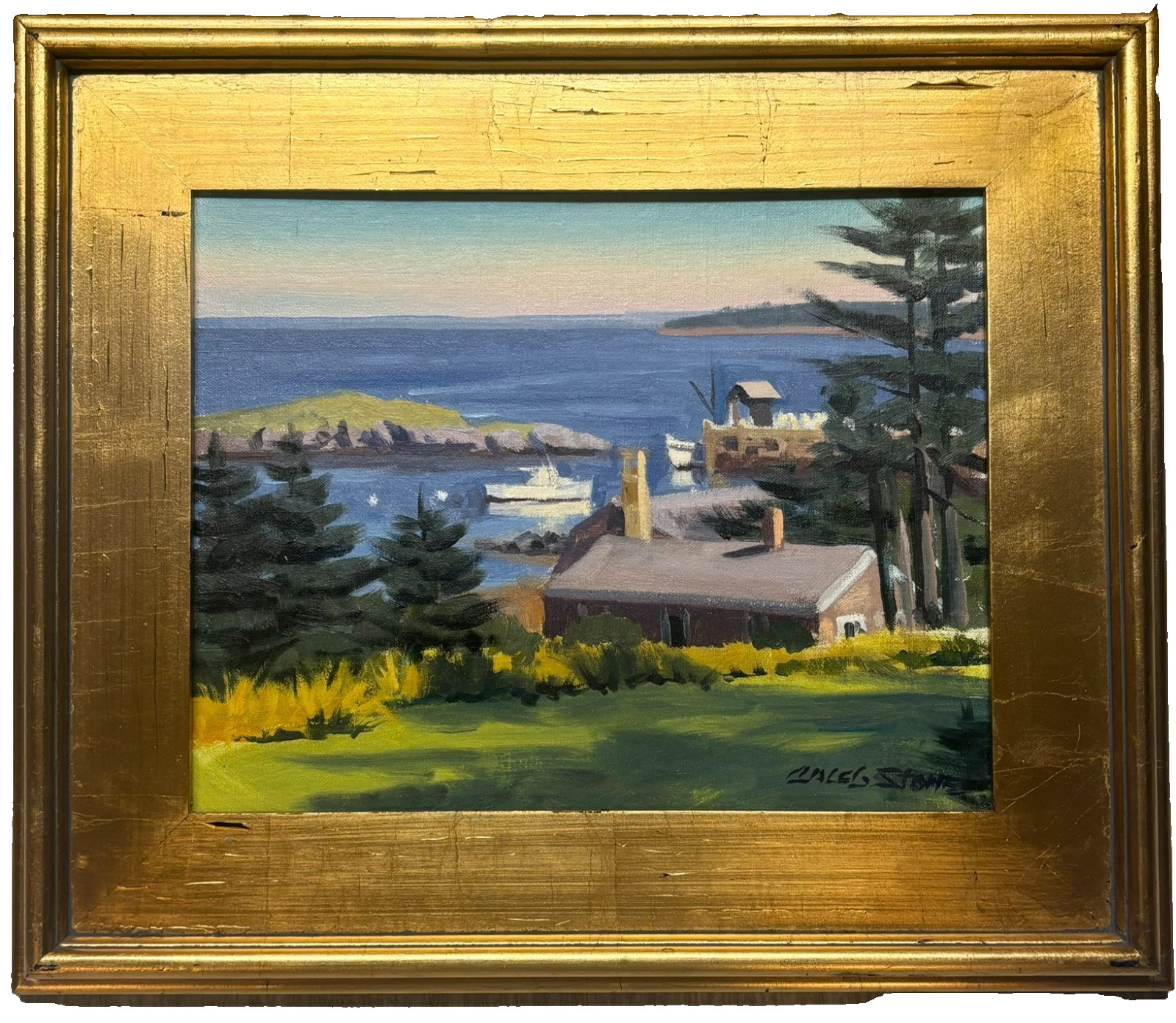 Vintage CALEB STONE ‘Harbor View Cabots Cove Boats MONHEGAN MAINE’ Oil PAINTING