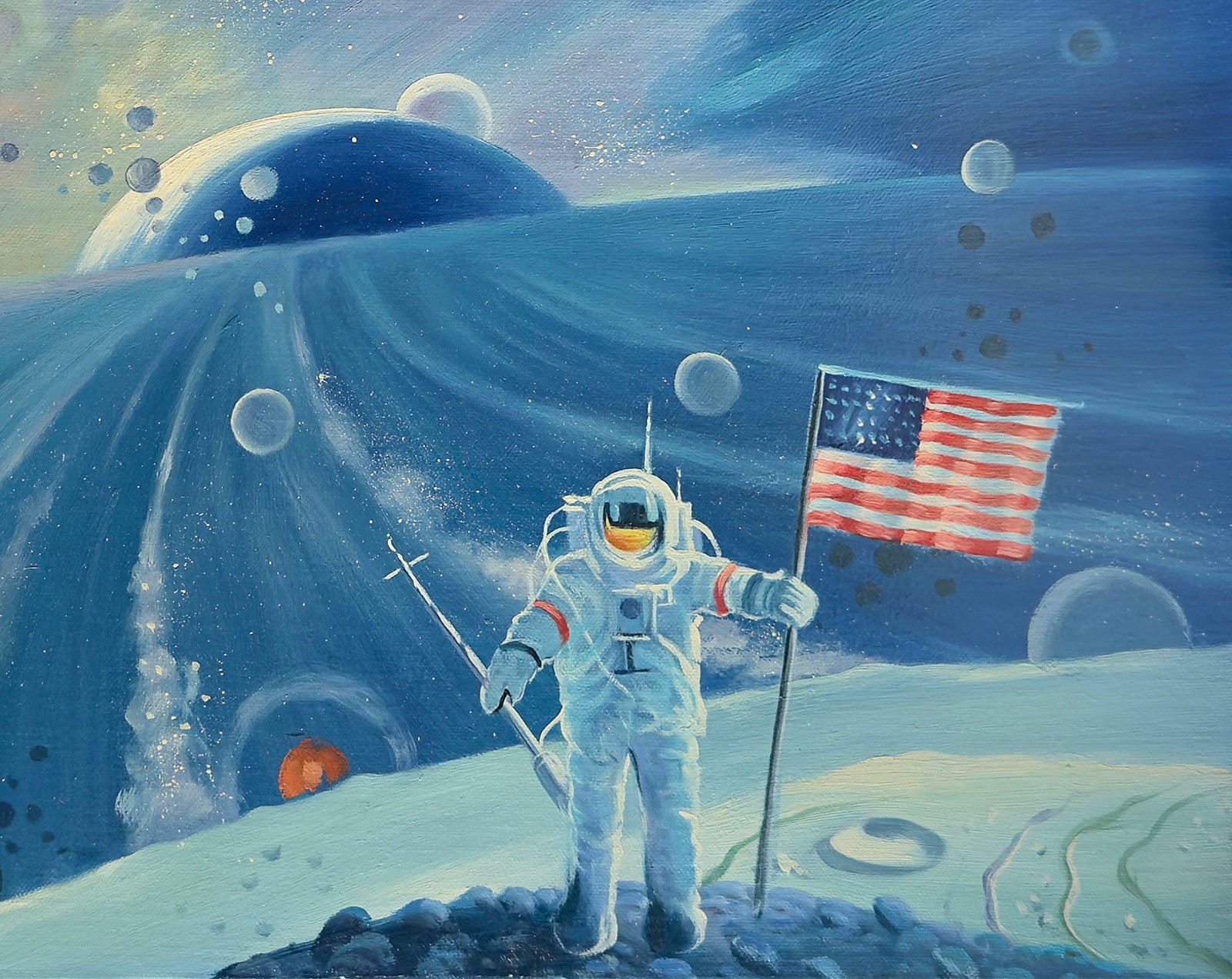 Astronaut and Cosmic Space – 20×24 inch oil painting on canvas
