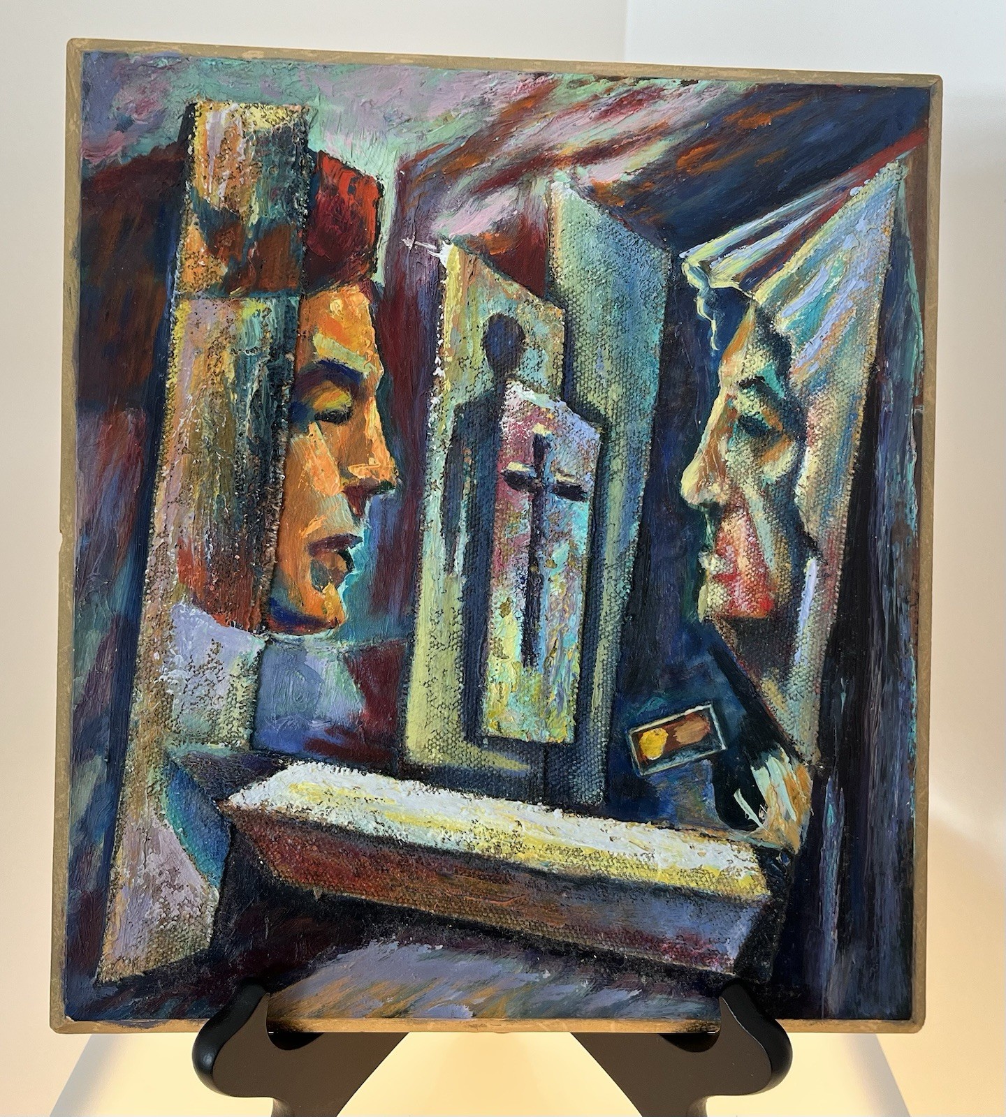 Vtg MCM Religious Oil Painting Abstract Expressionist Mid Century Modern Cross