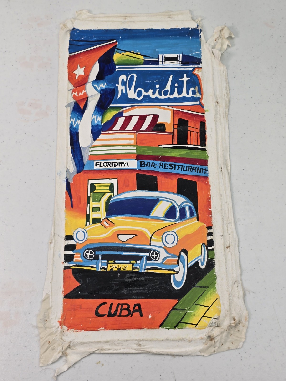 Original Cuban Art on Canvas – “Floridita Classic Car” Acrylic 17.5″ x 8″ Havana