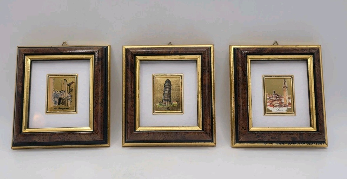 Vintage S/3 Landscape Paintings 4-1/2″H • Chromolithography Gold Series • ltaly
