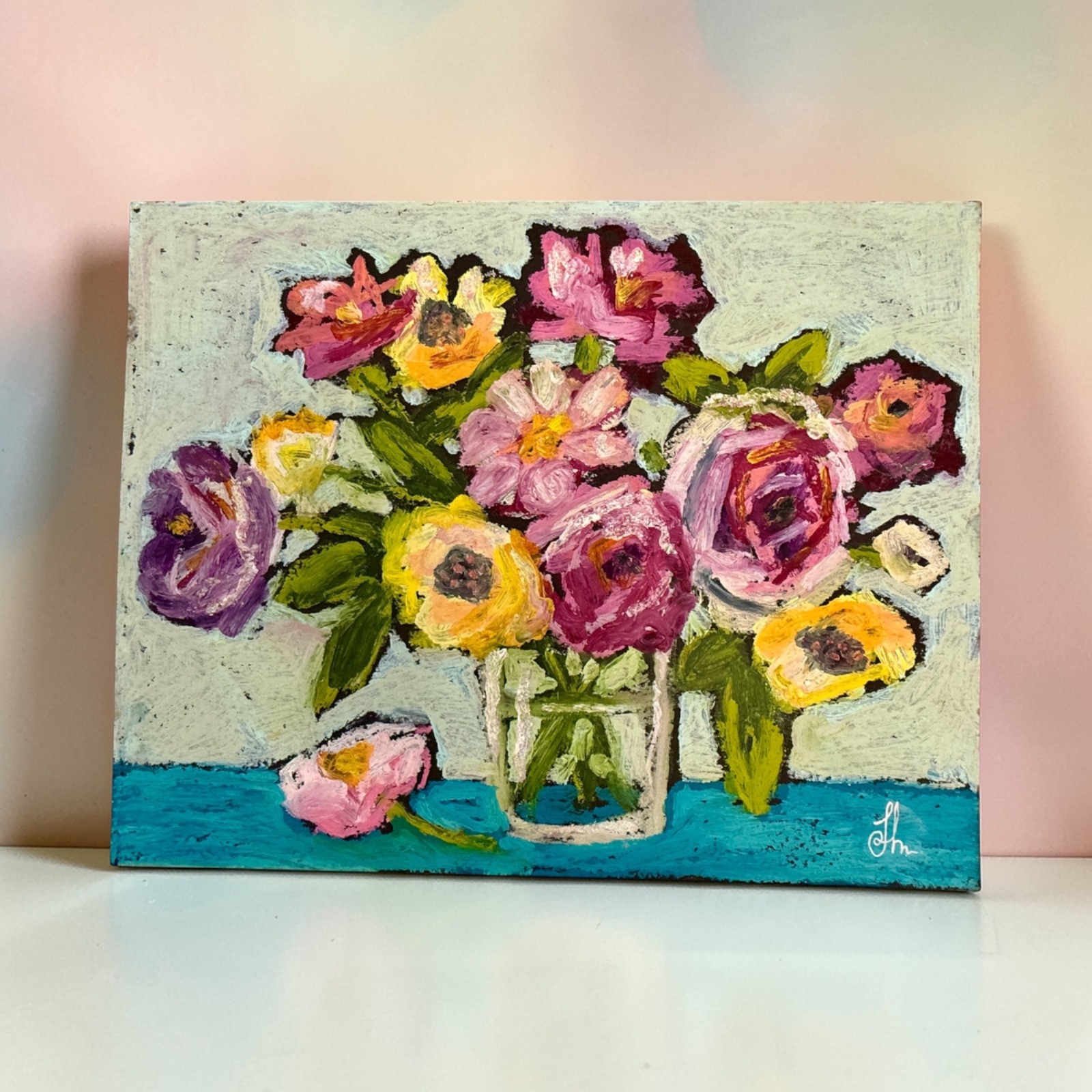Original Floral Oil Painting 11×14 Signed Pink Yellow Flowers Still Life