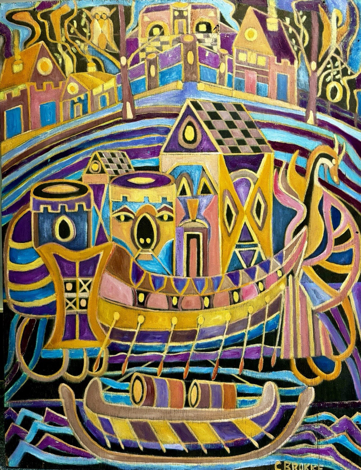 Surreal Mid Century Vintage Colorist Oil Painting Exhibited Kennedy Center VSA