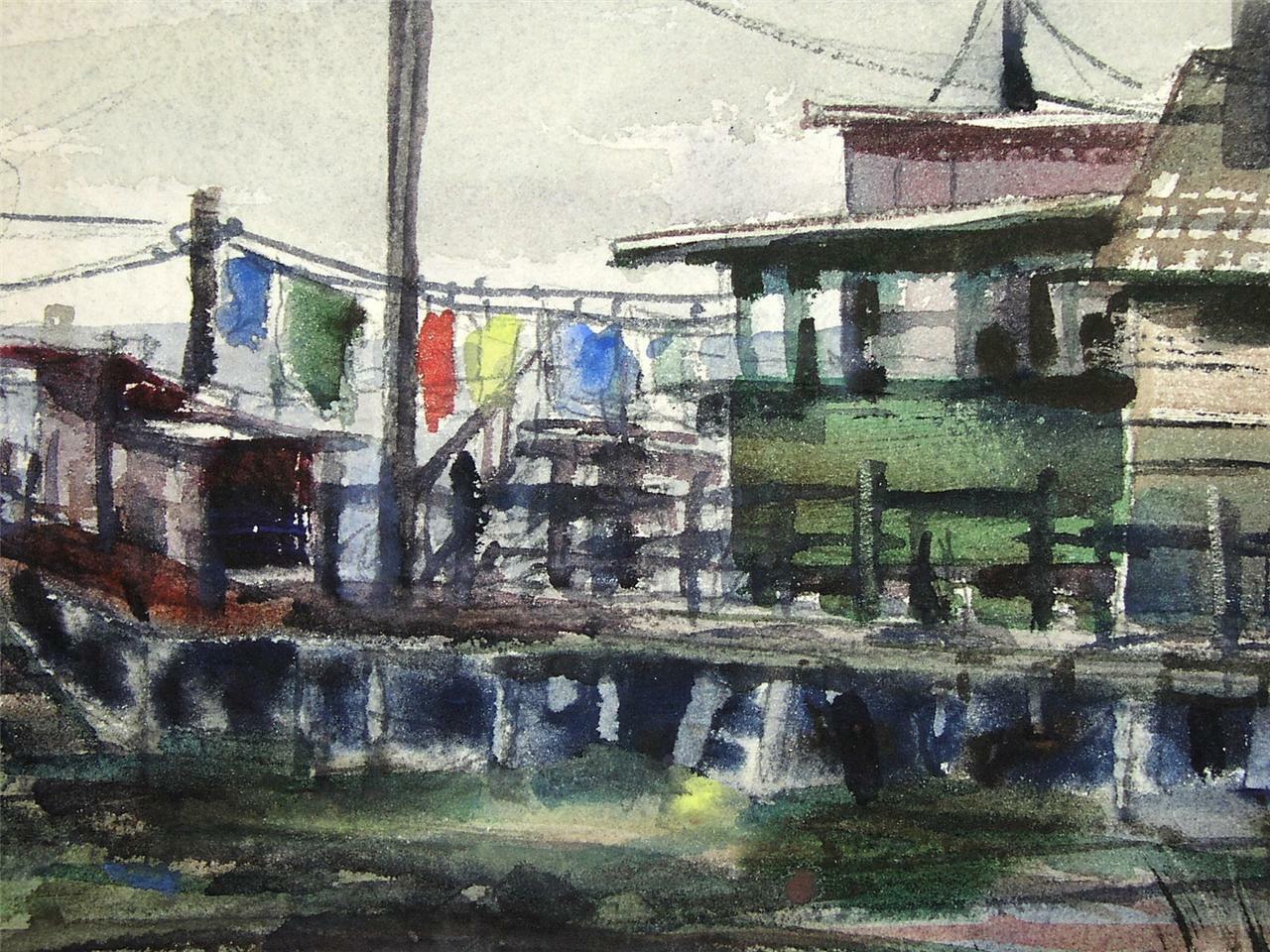 Large, Original Samuel Leitman Watercolor – Rockport Fishing Shacks