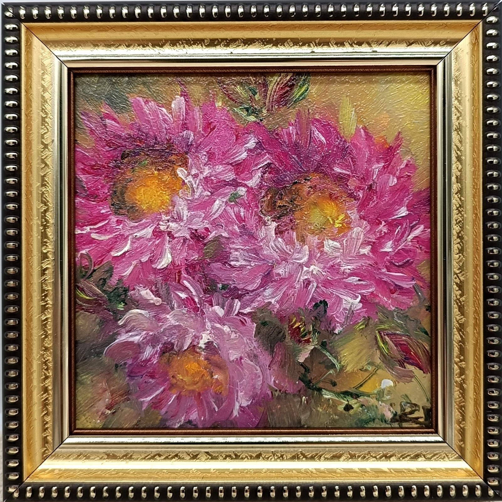 Pink Flowers Original Oil Painting 4×4 Framed Signed Floral Aster Still Life Art