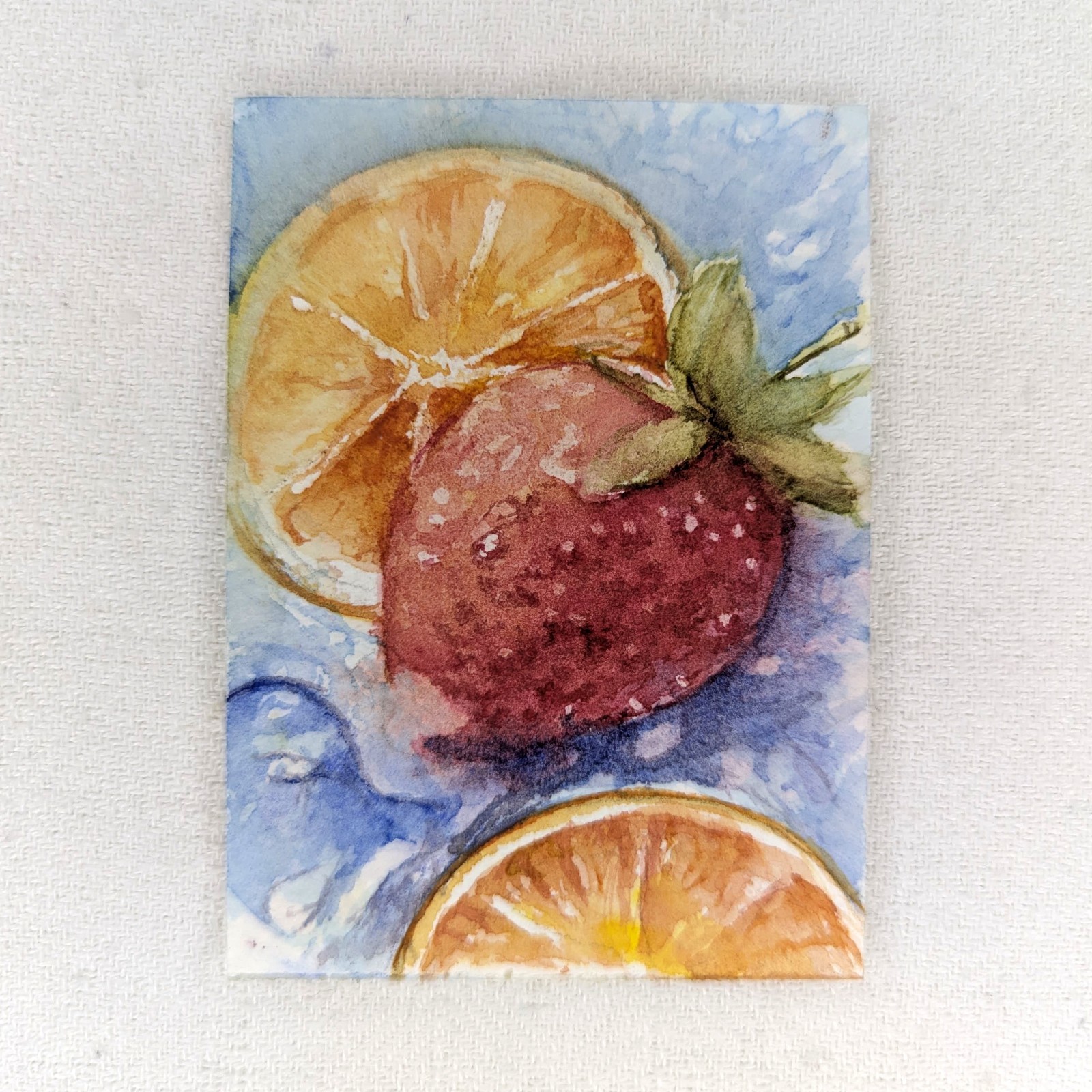ACEO Original Watercolor OOAK Strawberry Orange Fruit Splash Art Miniature