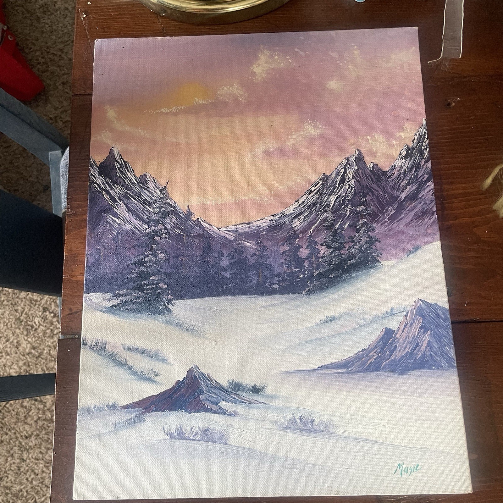 Vintage Snowy Winter Mountain Lake Landscape Oil Painting Unframed Signed 16×12”