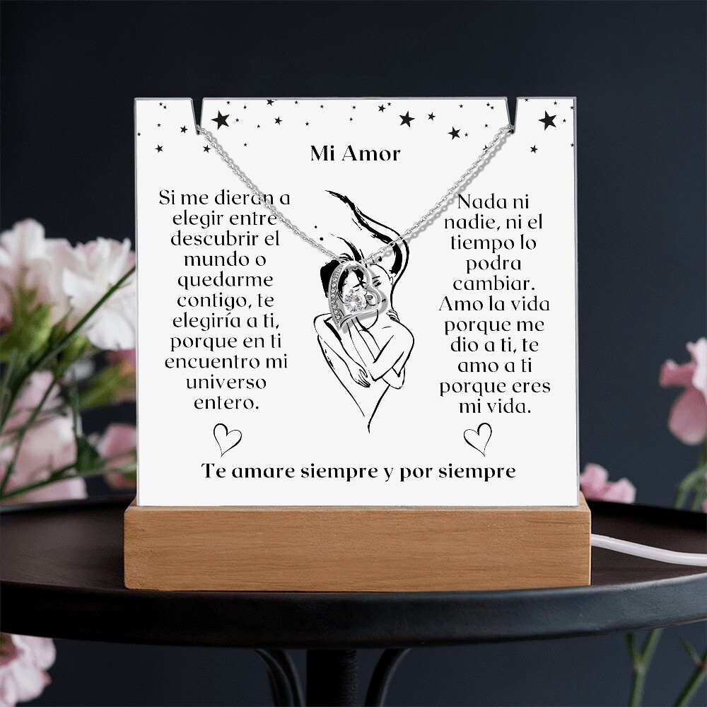 Acrilico Con Frase Emocional y Con Collar de Corazon y Luz LED