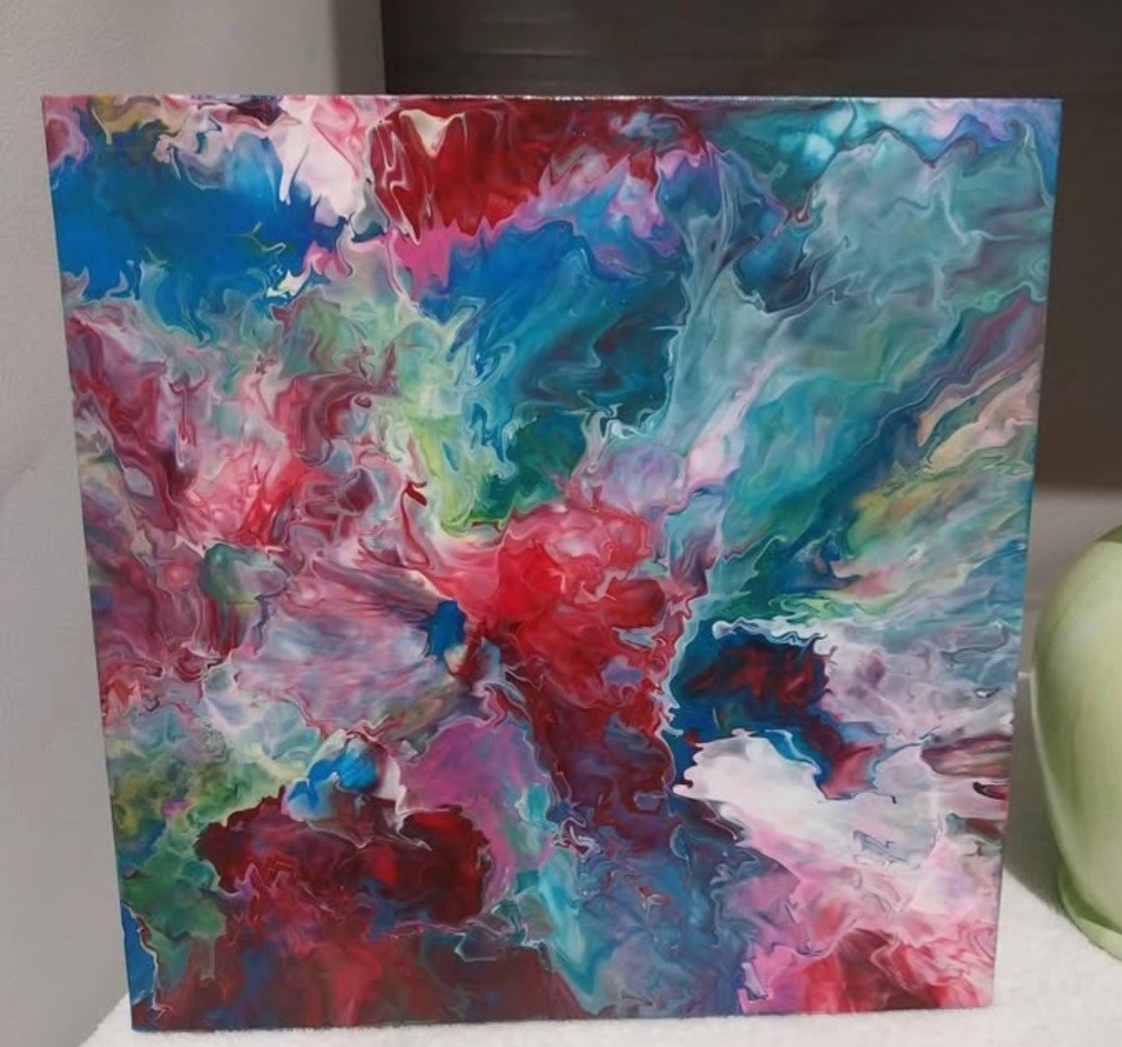 Art Pour Modern Acrylic On 12×12 Canvas, Amateur Artist Signed One Of A Kind