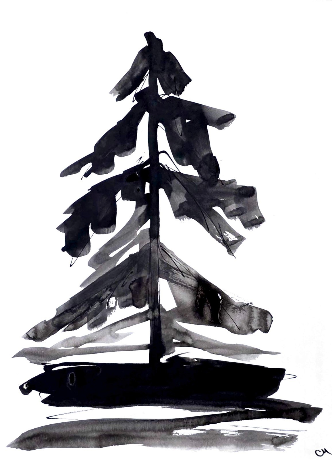 Original Abstract 9×12 Pine Tree Painting Black White Minimalist Acrylic Paper