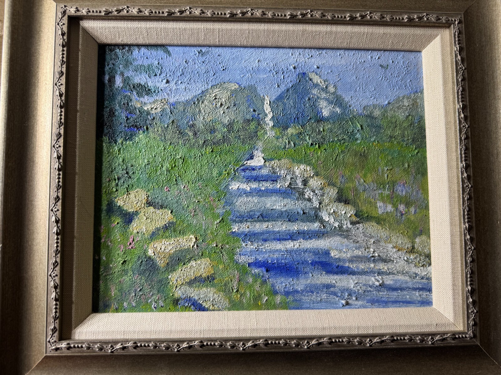 «Cascading River And Landscape Scene» Oil On Board Painting – Framed