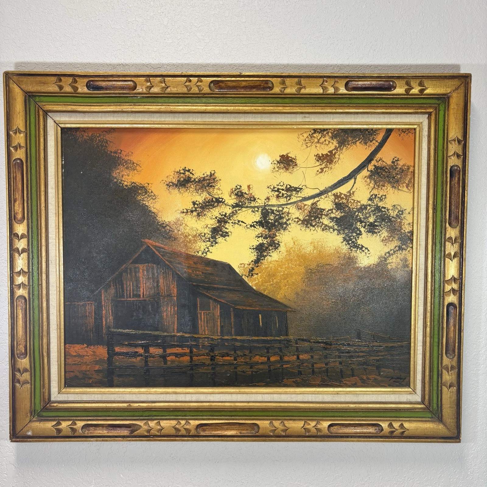 Vtg 70s Moody Forest Barn Original Painting Orange Brown Green Framed Fits 24×18
