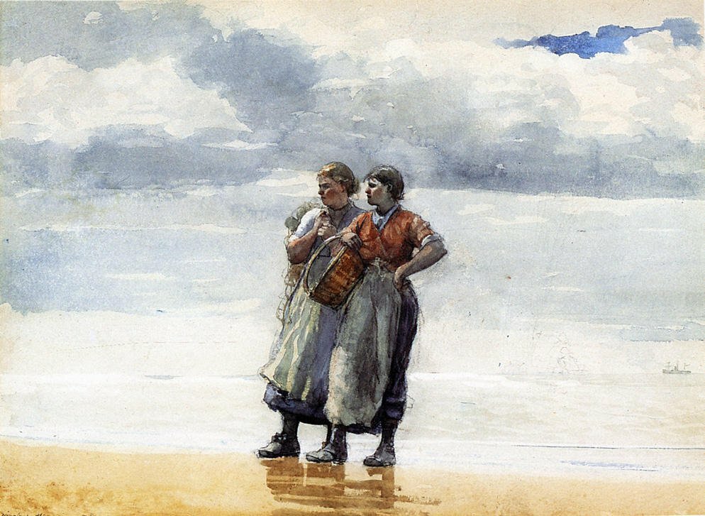 Oil painting seascape young girls by beach Daughters-of-the-Sea-Winslow-Homer
